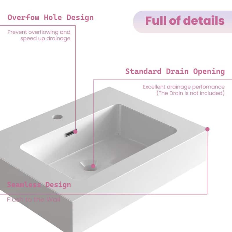 CITTANEO Modern Rectangular Bath Sink for Vanity Top, Solid Surface Vanity Sink with Gel Coat Finish, Single Hole Faucet