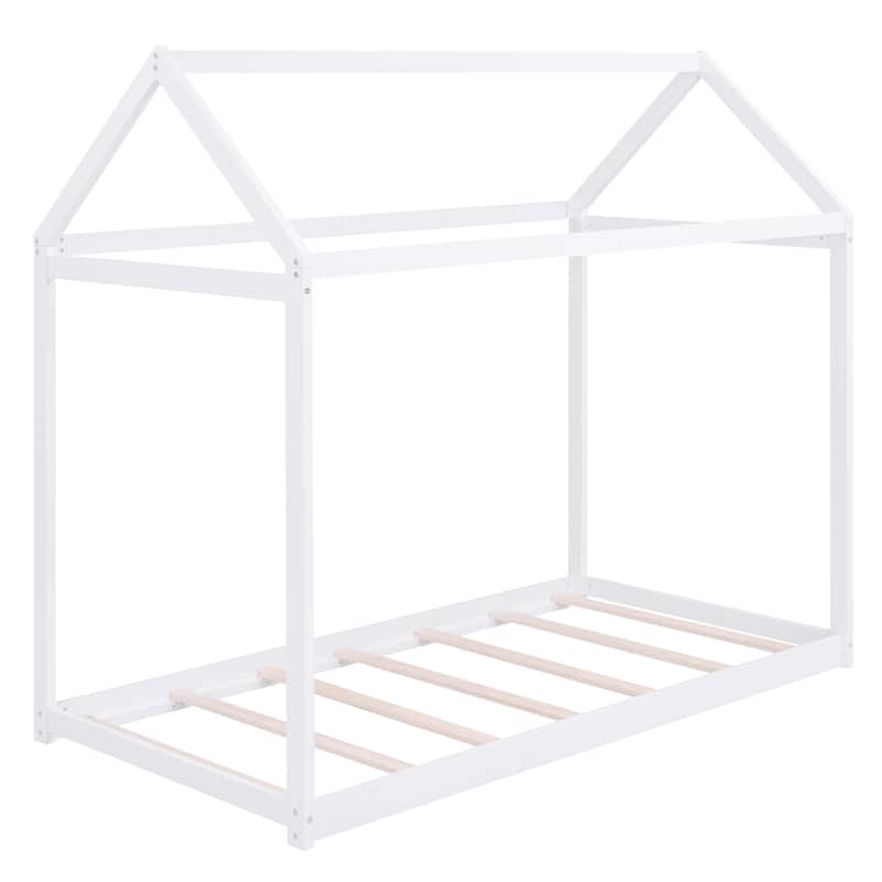 White Twin Wooden House Bed for Kids, Durable Pine Wood, No Box Spring Required
