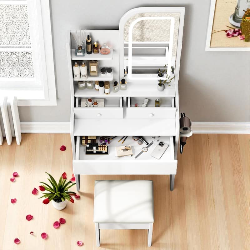 Vanity Desk with Mirror & LED Lights, 3 Drawers, Adjustable Lighting, Chair & Hair Dryer Holder, Makeup Table Set