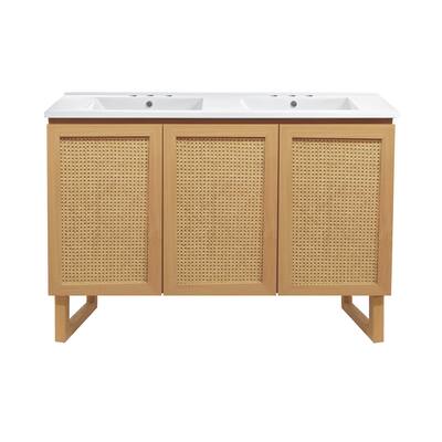 Arles 48 In. Natural Oak, Double Basin Bathroom Vanity With White, 3-Hole Ceramic Sink Top