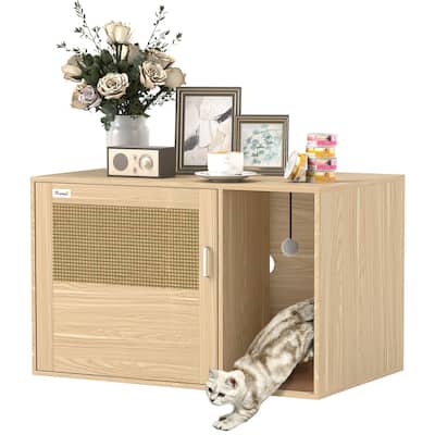 PawHut Cat Litter Box Enclosure with Rattan Door, Hidden Litter Box Furniture Hidden with Scratching Mat, Oak