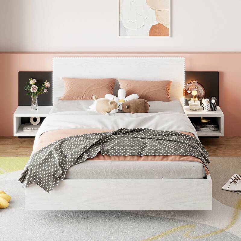 Wooden Floating Platform Bed, with LED Lights and Bedside Nightstand - White - Queen