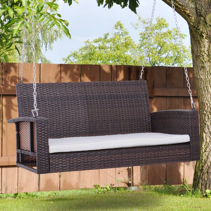 2 Person Wicker Hanging Swing Bench, Front Porch Swing Outdoor Chair with Cushions 550 lbs. Weight Capacity