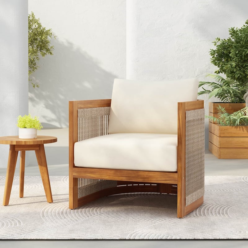 Outdoor Acacia Wood Curved Design Club Chair with Woven Rope, Cushions - Beige