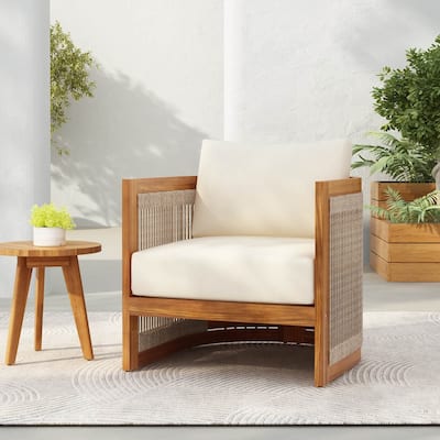 Outdoor Acacia Wood Curved Design Club Chair with Woven Rope, Cushions