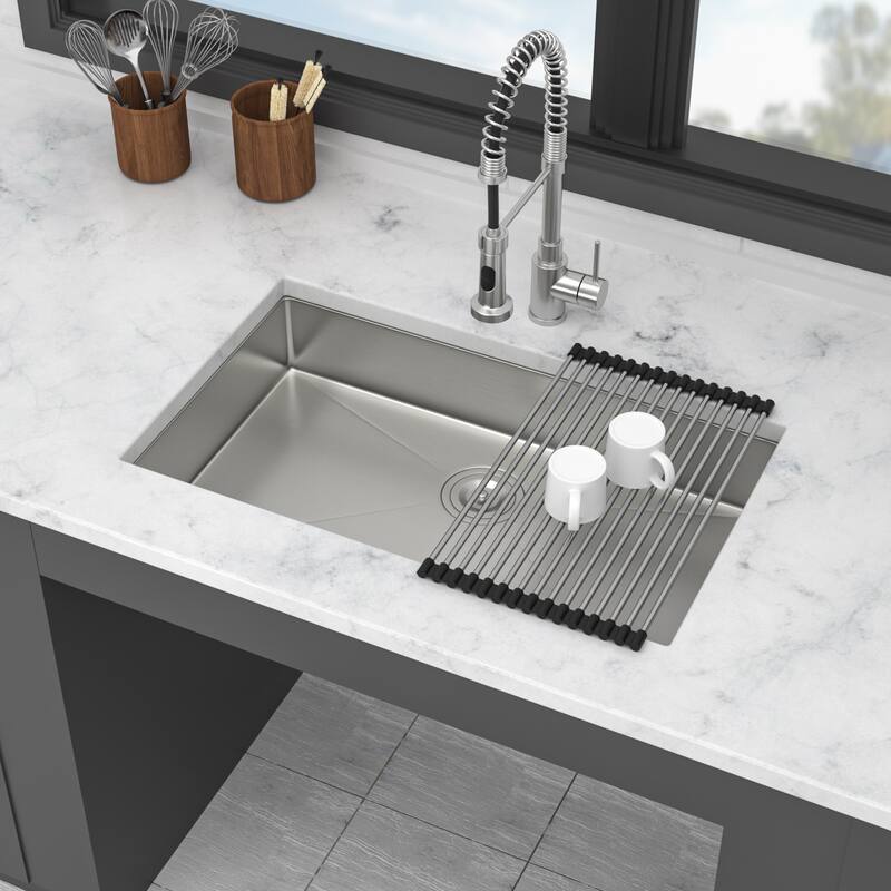 Kitchen Sink, 27 Inch Undermount Sink 5.5-Inch Single Bowl 16 Gauge Stainless Steel 27x18x5.5 Inch Handmade Sinks Basin - Brushed Nickel