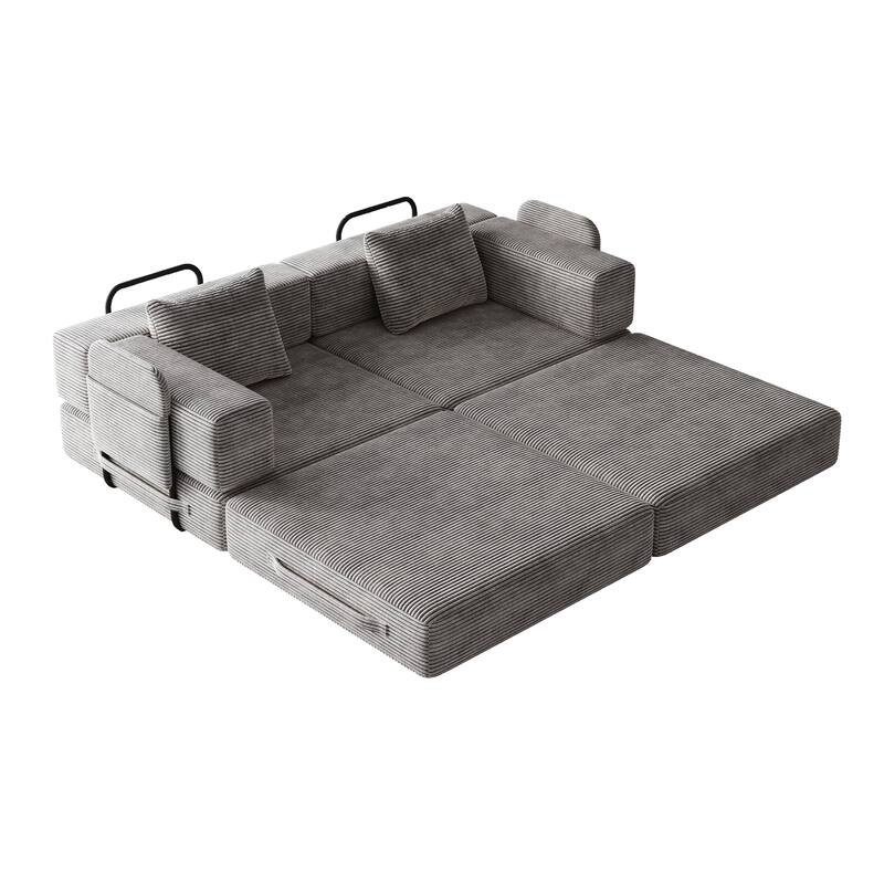 Folding Loveseat Sofa Convertible Sleeper Sofa Bed, Floor Standing Couch Bed Corduroy Floor Mats with Side Pockets and Pillows