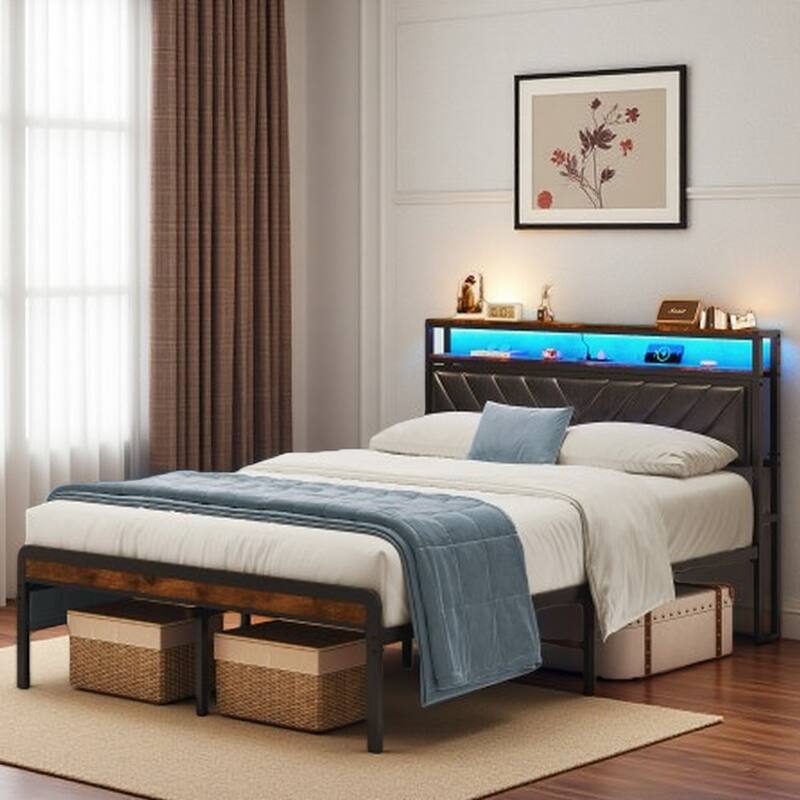 Full Size Metal Bed Frame with Adjustable Upholstered Headboard, RGB LED Lights, Charging Station, Noiseless, Black & Brown - Antique brown
