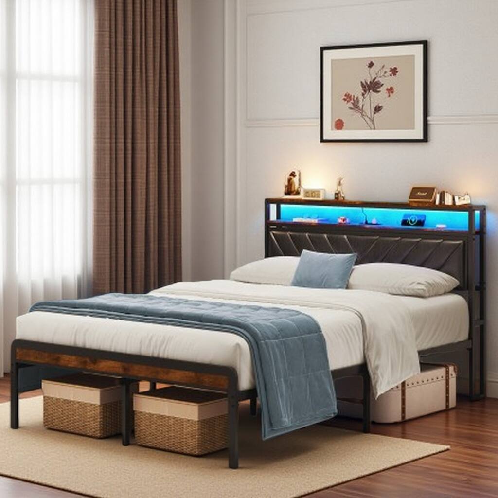 Full Size Metal Bed Frame with Adjustable Upholstered Headboard, RGB LED Lights, Charging Station, Noiseless, Black & Brown