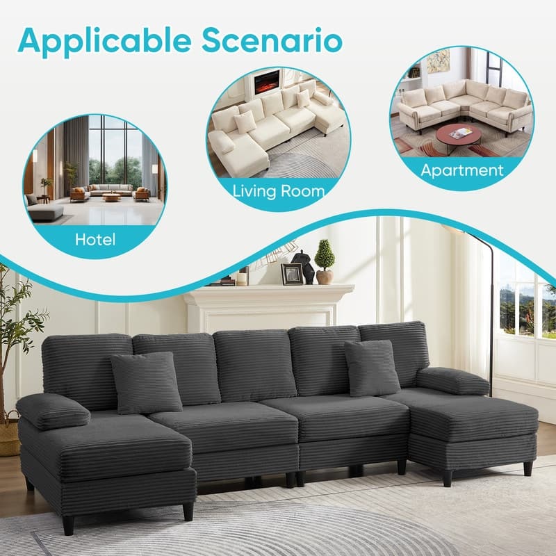 Mixoy W112inch Upholstered 5-Seater Sectional Sofa Couch,Corduroy Large U-Shaped Sofa with Double Chaises and Sleepable Armrests