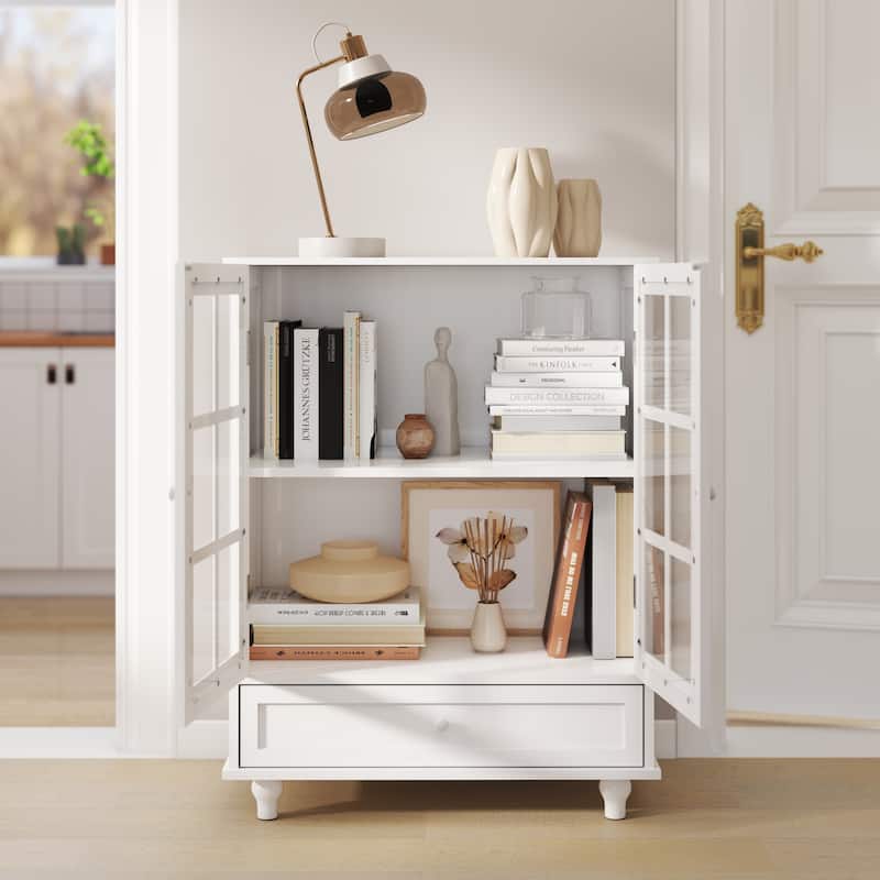 Homy Casa Minimalist Buffet Cabinet with Glass Doors & Drawer, Storage Sideboard, Kitchen Living & Dining Room Hallway Entryway