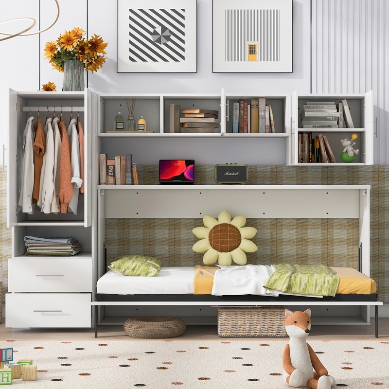 Twin Size Murphy Bed with Open Shelves and Storage Drawers