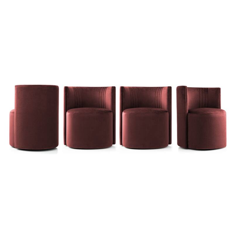 Velvet Swivel Dining Chairs with Rolling Casters, Upholstered Barrel Back Dining ArmChairs - Set of 4 - Burgundy-4-piece