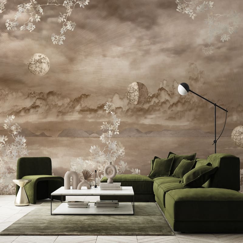 Celestial Night Sky Wallpaper Mural Golden Foliage Moon