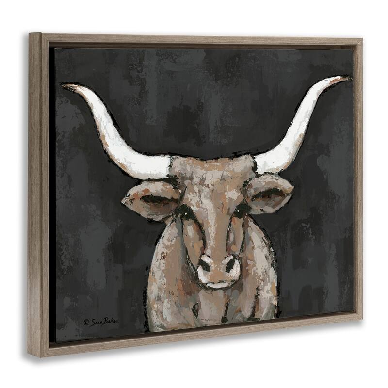 Stupell Longhorn on Murky Grey Framed Floater Canvas Wall Art Design By Sara Baker