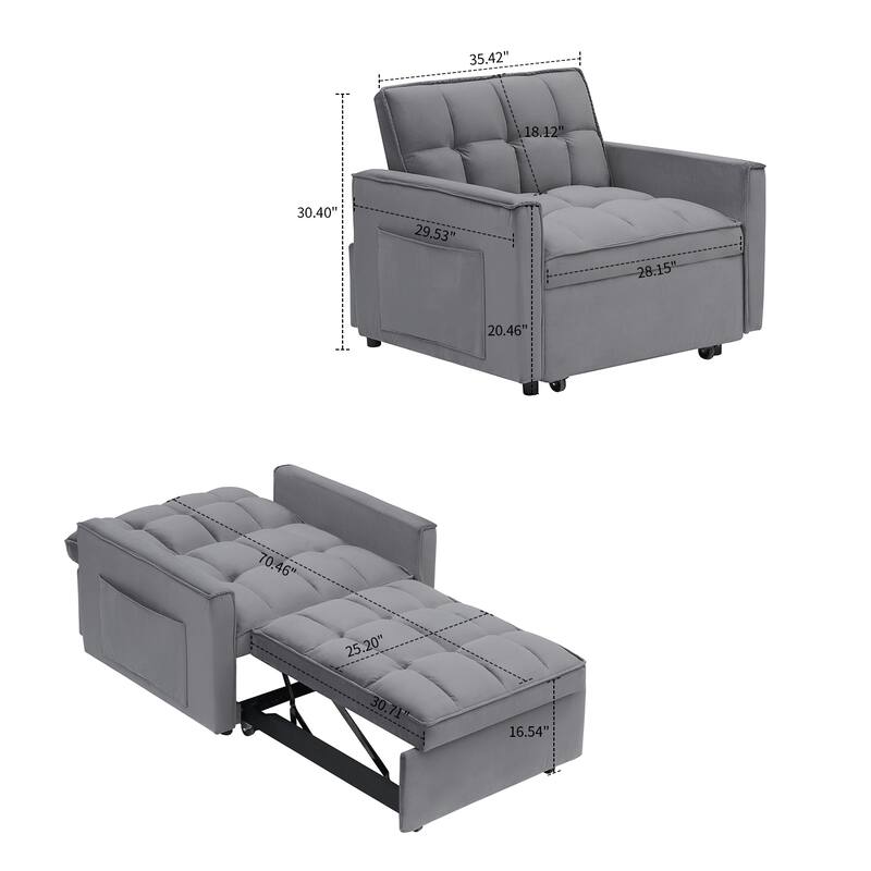 Classic Velvet Upholstered Convertible Futon Chair with Side Storage Pockets
