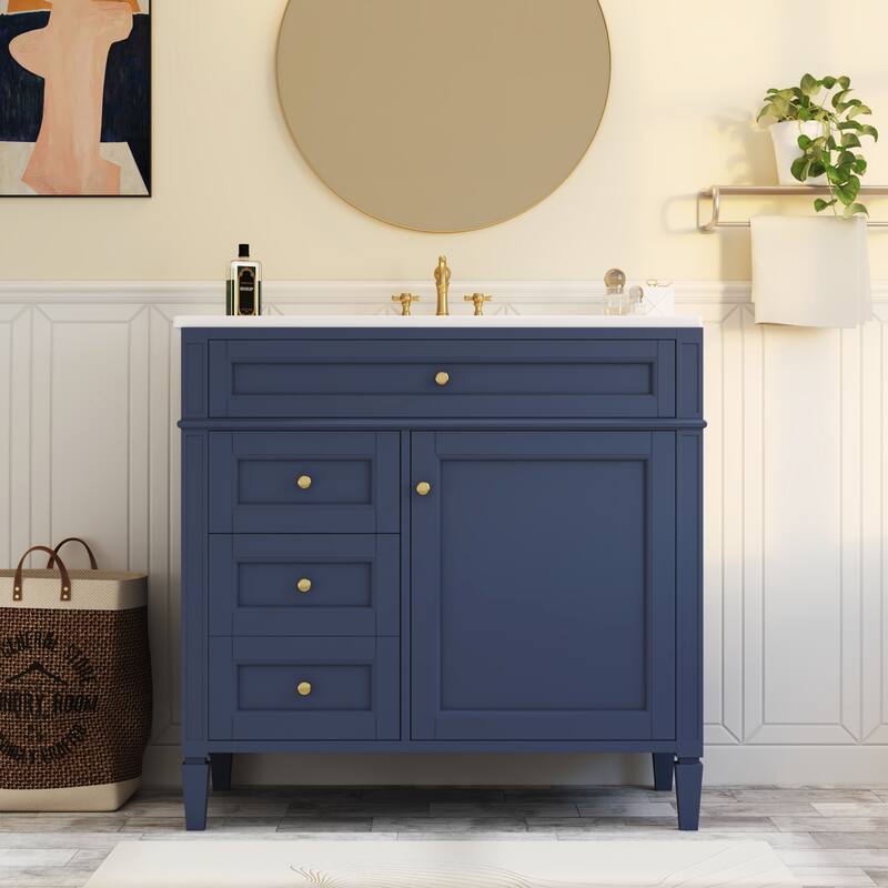 GDFStudio - Carradine Modern Freestanding Bathroom Vanity with Ceramic Sink and 2 Drawers & a Tip-out Drawer - 36'W