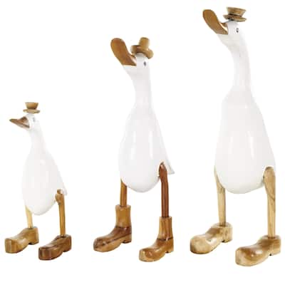 Bamboo Wood Duck Decorative Sculpture with Brown Top Hats and Shoes - Set of 3 White - Roche River Decor