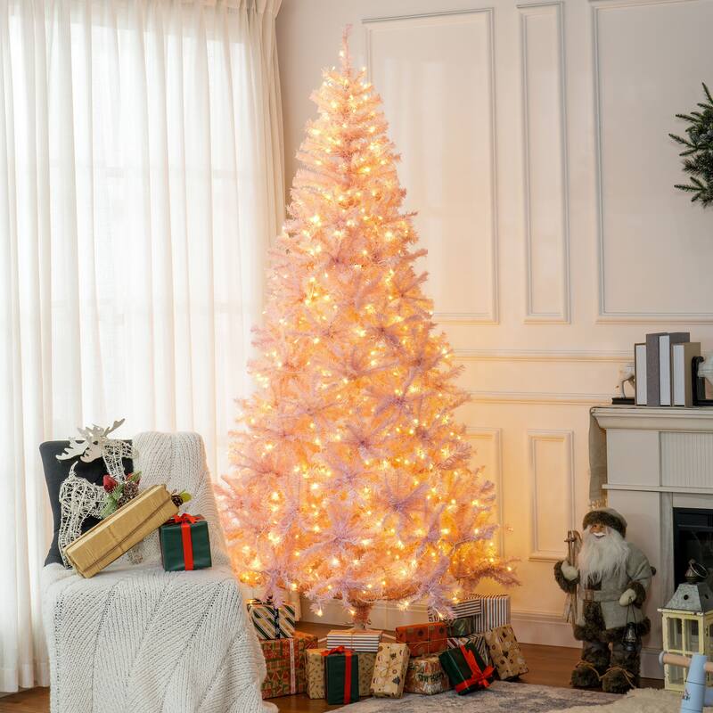 HOMCOM Pre-Lit Douglas Fir Tree - Warm White LED Lights, Realistic Branches, Pink