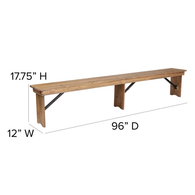 8' x 12" Antique Rustic Solid Pine Folding Farm Bench with 3 Legs