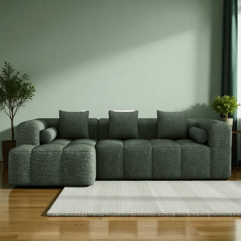 101.2" Modular Sectional Sofa Full-Foam Compressed Couch with Deep Seating Side Pockets Square & Bolster Pillows