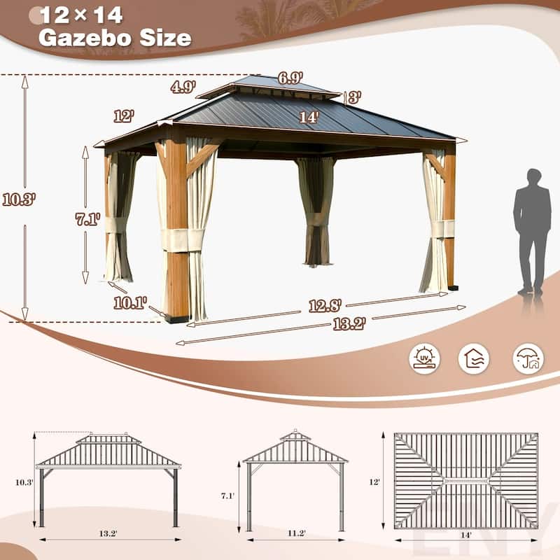 Premium Outdoor Gazebo Pergola with Galvanized Steel Roof, Wooden Coated Aluminum Frame, Privacy Curtains, and Nettings Included