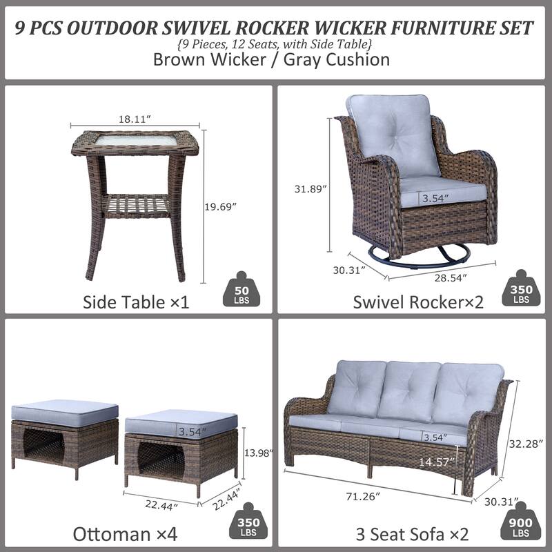 Wicker Outdoor Patio Conversation Seating Sofa Sets with Swivel Chairs