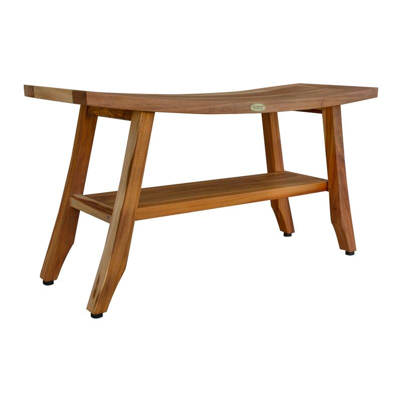 EcoDecors Satori Natural Teak Wood Shower & Bathroom Bench with Curved Seat and Storage shelf 34-inchWide x 18-inches High