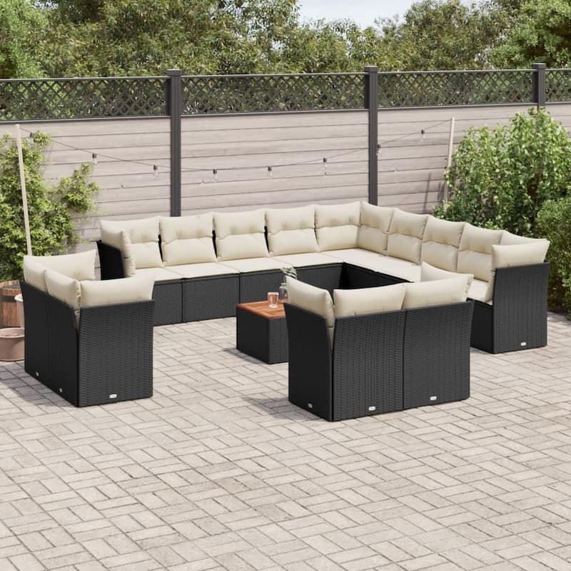 vidaXL Patio Sofa Set with Cushions Outdoor Furniture 14 Piece Poly Rattan - 24.4 x 24.4 x 27.2 - Black and Cream