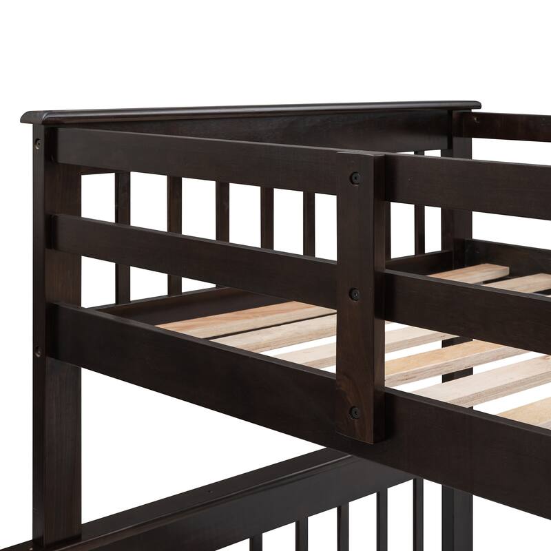 Twin Over Full Bunk Bed with Storage Staircase, Solid Pine Wood Frame, Guardrail for Safety, Convertible Beds for Bedroom