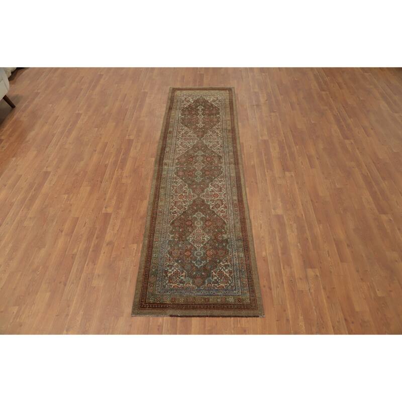 Hand Knotted Oriental 100% Wool Carpet Traditional Floral Brown Bibikabad Runner Rug - 9' 7'' X 2' 7''