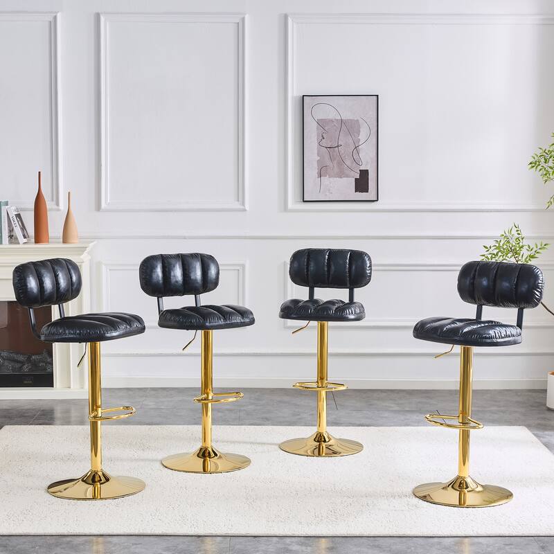 Set of 2 Adjustable Height Bar Stools, Black PU Leather with Gold Metal Base & Footrest