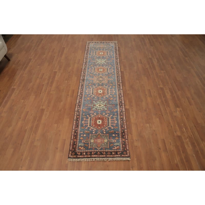 Hand Knotted Oriental 100% Wool Carpet Traditional Geometric Navy Blue & Blues Kazak Area Rug - 10' 1'' X 2' 6''