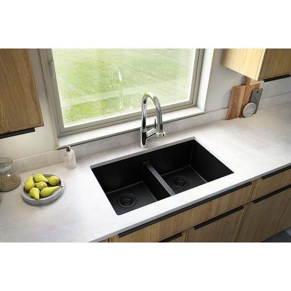 45 Black Quartz Kitchen Sink Double Bowl Drop-In Sink with Drain Board