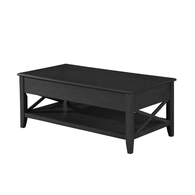 Roomfitters Modern Lift Top Coffee Table with Hidden Storage and Bottom Shelf, Wood Farmhouse Center Cocktail Table, Black