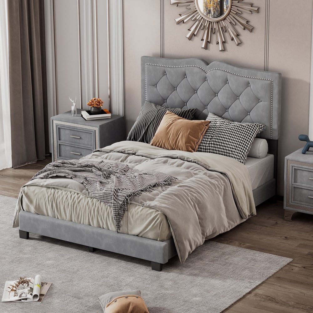 Modern Upholstered Bed Frame with Rivet Design and Tufted Headboard