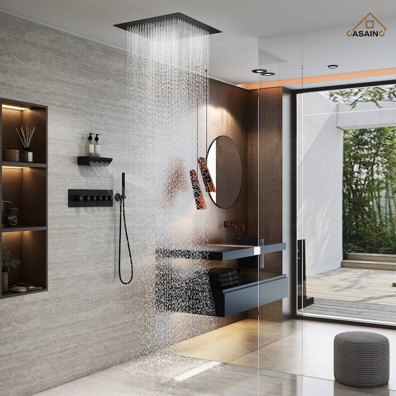 CASAINC 5-Spray Square Shower Faucet 2.5 GPM with Body Spray, Valve Included - Black