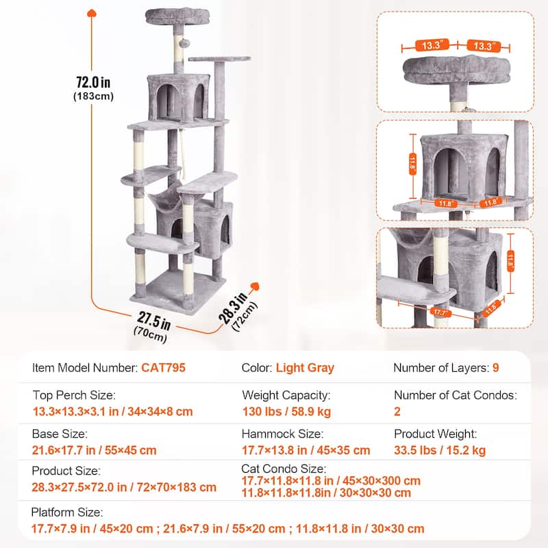 Cat Tree for Indoor Cats, 72" Cat Tower with 2 Cat Condos, Sisal Scratching Post, Hammock, Top Perch, Jumping Platforms