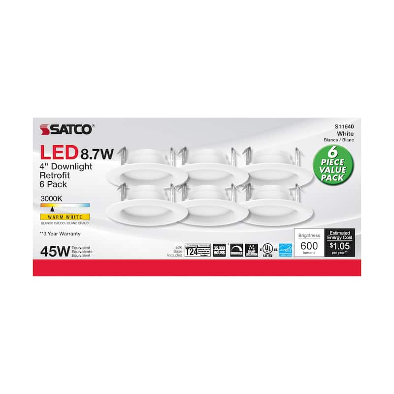 8.7 Watt LED Downlight Retrofit 4 inch 90 CRI 3000K 120 Volt Pack of 6