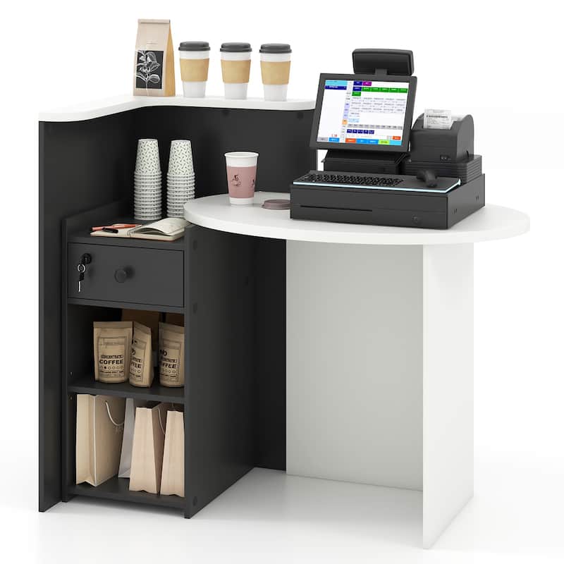 Gymax Front Reception Counter Desk Checkout Office Desk w/ Open Shelf - Black & White
