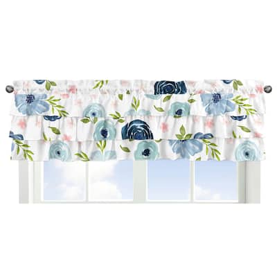 Navy and Pink Watercolor Floral Window Curtain Valance - Blue Blush Green Shabby Chic Rose Flower Polka Dot Tiered Ruffled