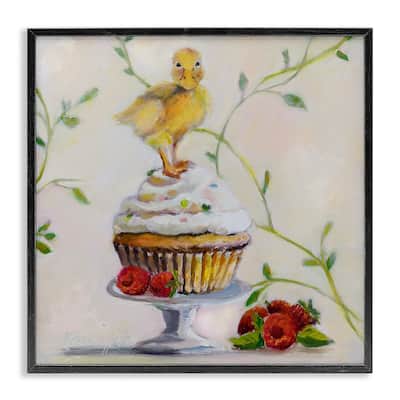 Stupell Baby Duck on Raspberry Cupcake Dessert Painting Framed Wall Art, 12x12