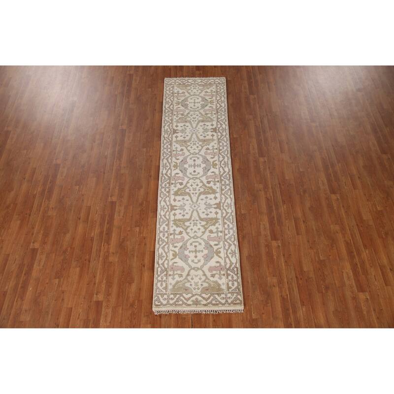 Ivory Oushak Style Runner Rug Hand-knotted Wool Carpet - 2'6"x 9'9"