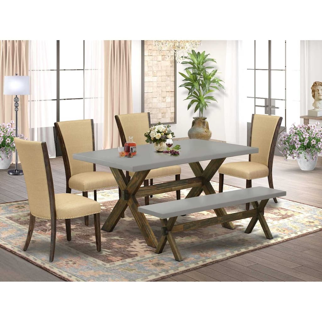 HomeStock 6-Piece Rectangle Distressed Jacobean Finish Solid Wood Top Dining Table with 1-Bench, 4-Chairs