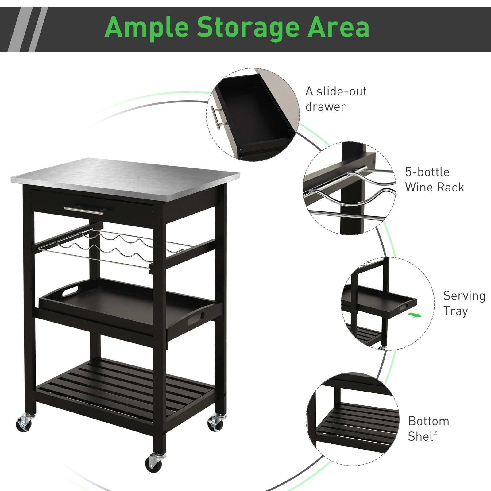 Homcom Stainless Steel Pine 3 Tier Rolling Kitchen Island Cart On Sale Overstock 31628482