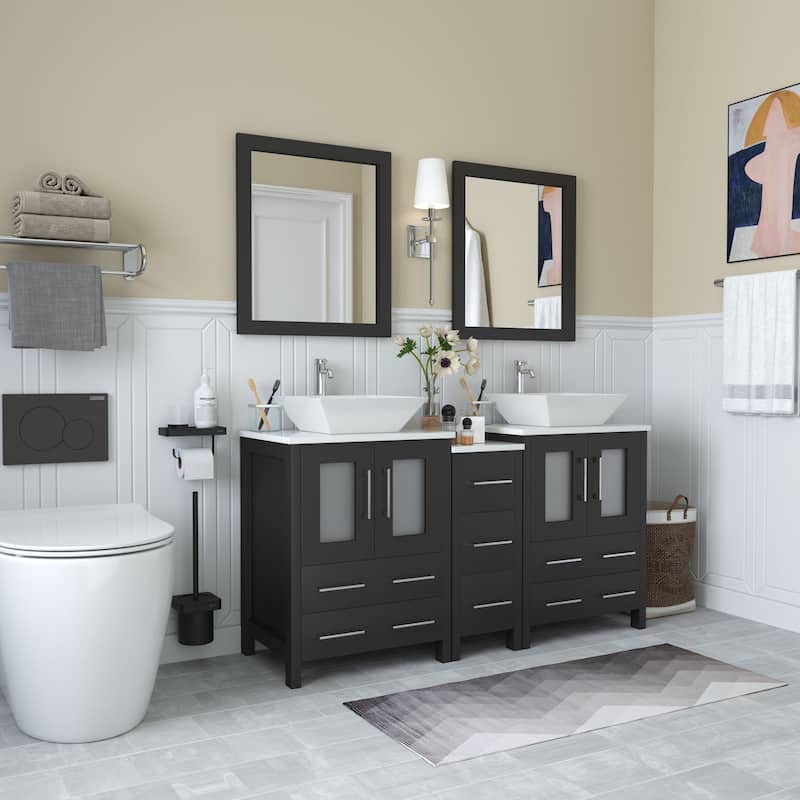 Vanity Art 60" Double Sink Bathroom Vanity Set with Engineered Marble Top and Free Mirror - 60 W X 18.5 D X 31.1 H