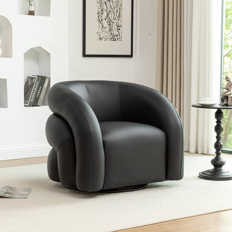 SEYNAR Modern Glam PU Leather 360 Degree Swivel Accent Armchair with Metal Base - Black