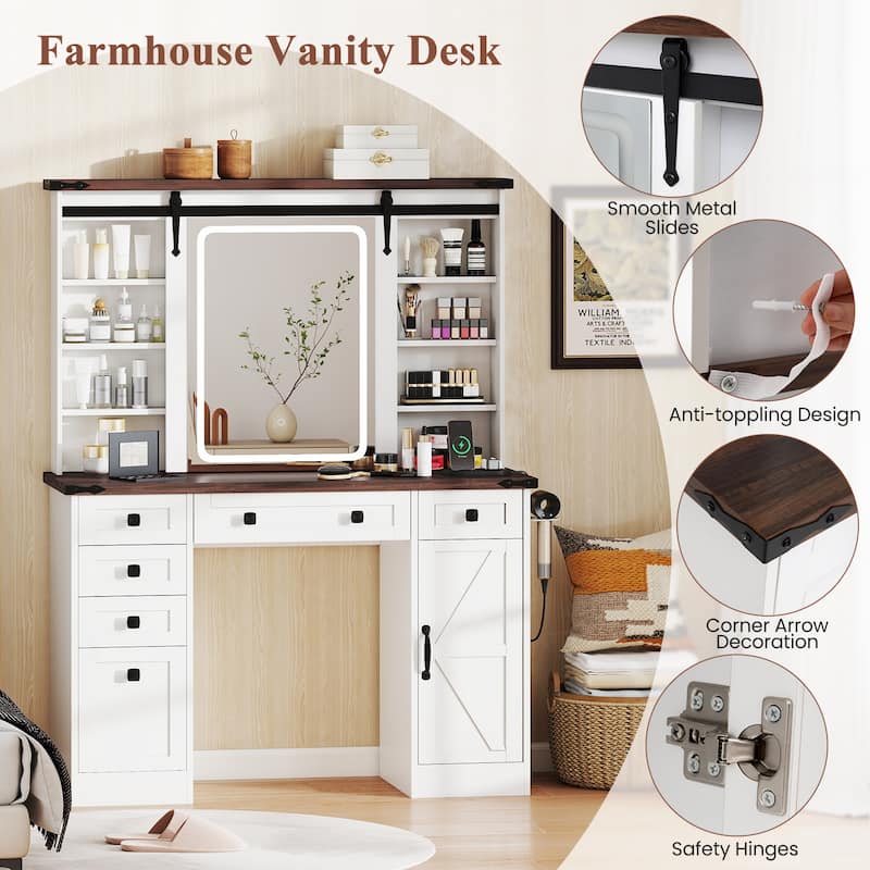 Gymax Vanity Desk w/Touch Screen Mirror Farmhouse Dressing Table