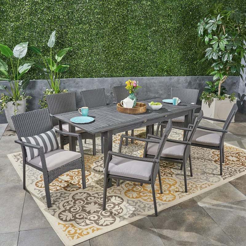 Davenport Outdoor 9 Piece Wood and Wicker Expandable Dining Set by Christopher Knight Home - sandblast dark gray + gray cushion