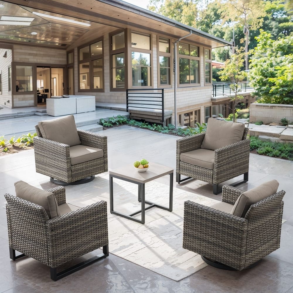 Gymojoy 5-Piece Outdoor Wicker Furniture Set - 2 Swivel Glider Chairs, 2 Patio Chairs & Side Table